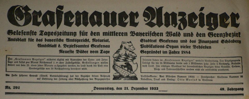 Kopd des Grafenauer Anzeigers vom 21. Dezember 1933